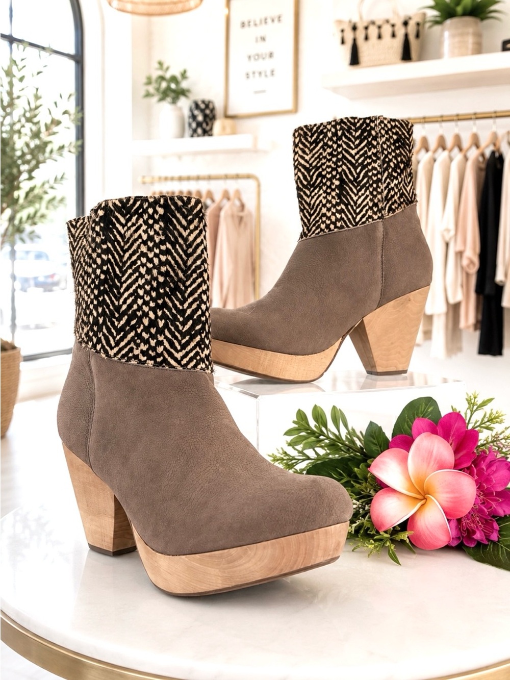 80/20 Brown Cruelty Free Block Heel Platform Ankle Booties w/Faux Mohair Accen